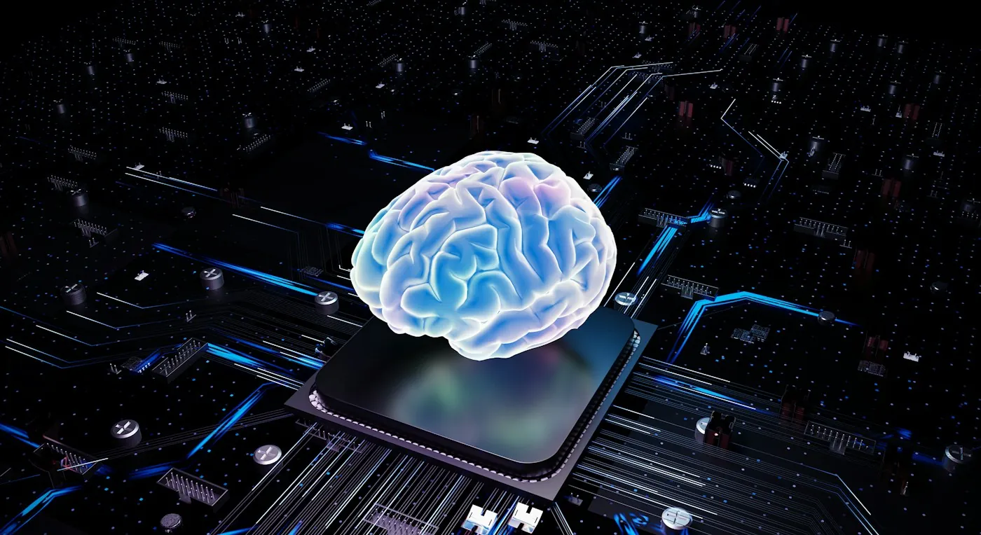 Glowing brain rendered above a computer chip