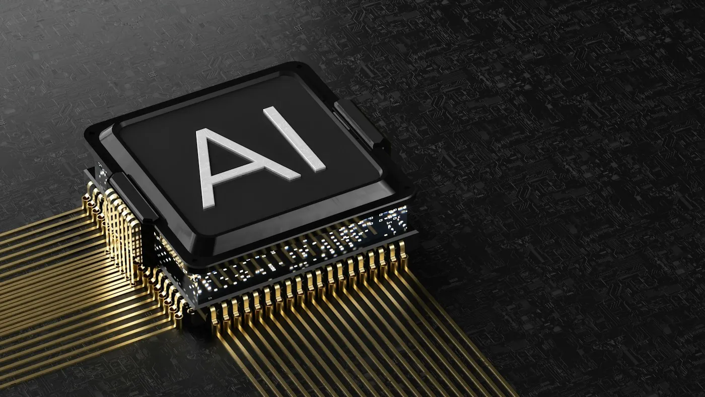 AI processor chip on a dark circuit board