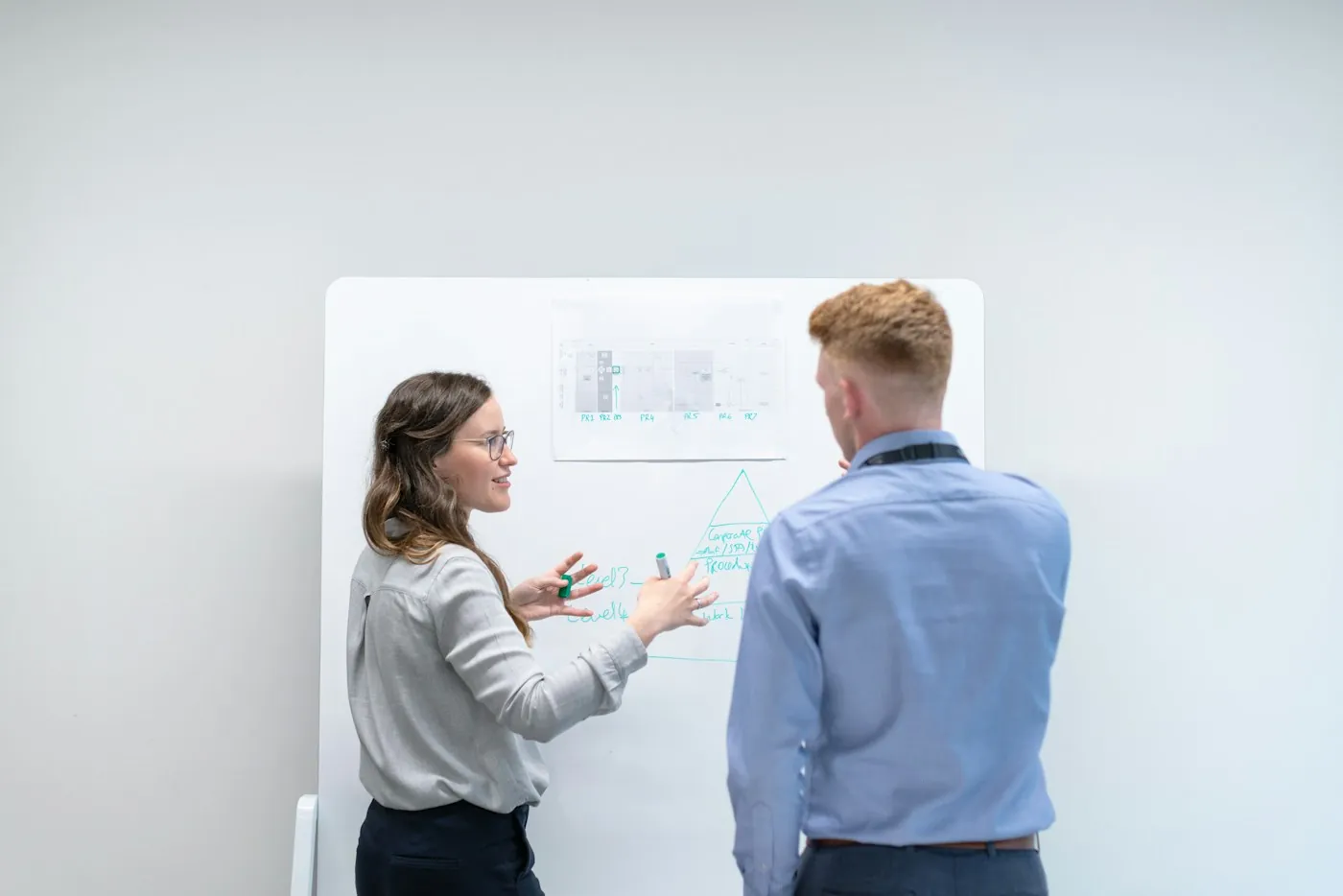 Two colleagues reviewing a results plan together at a whiteboard