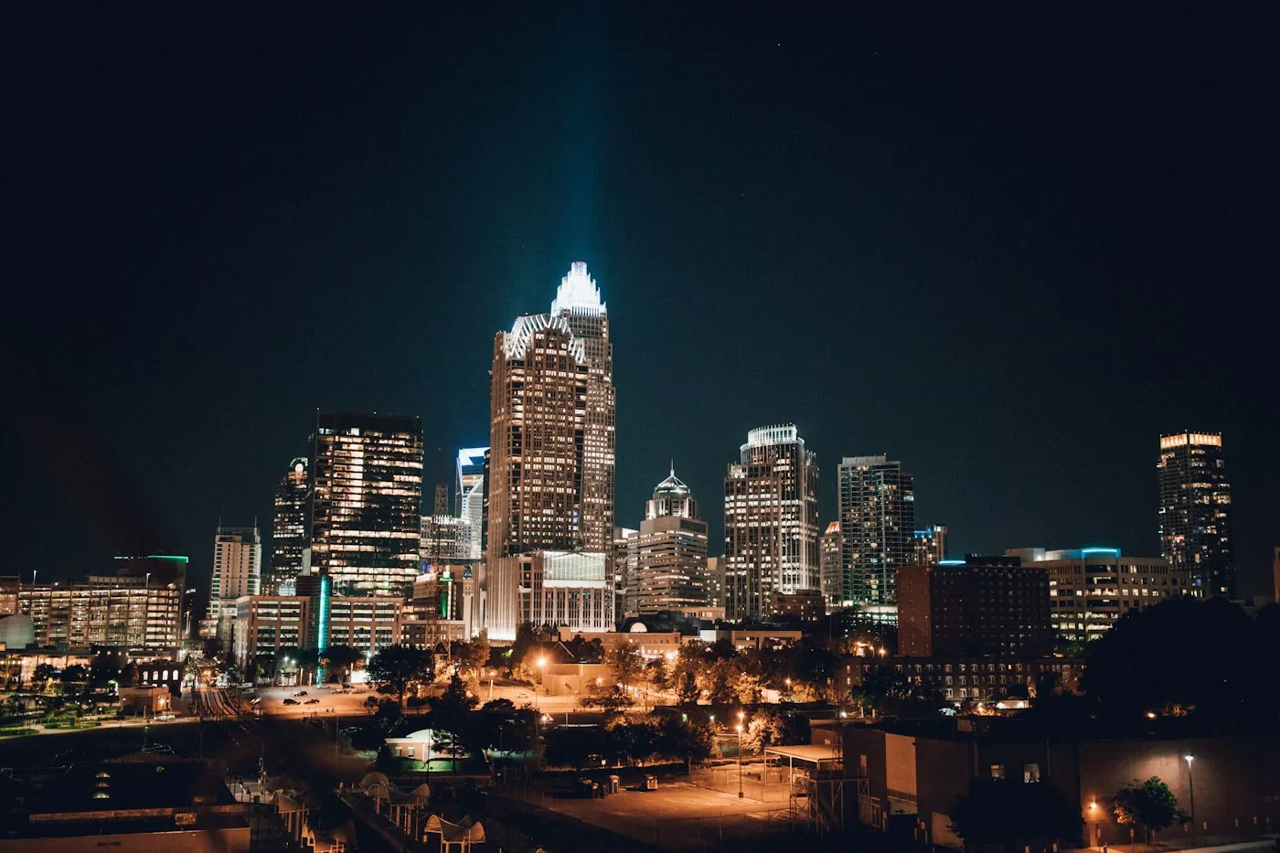 Uptown Charlotte skyline lit up at night