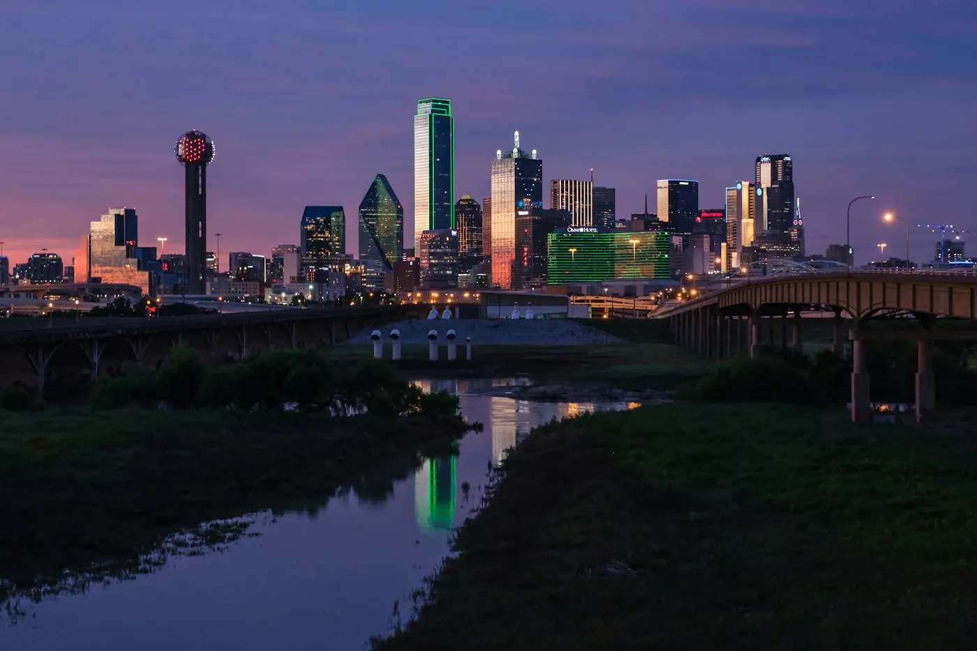 Dallas skyline at dusk reflected in the Trinity River