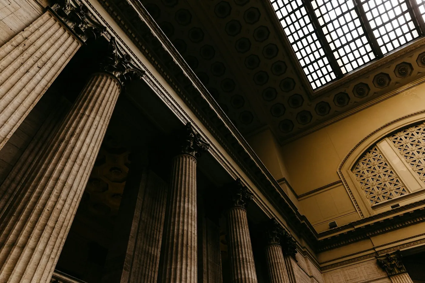 Courthouse columns and portico in low light
