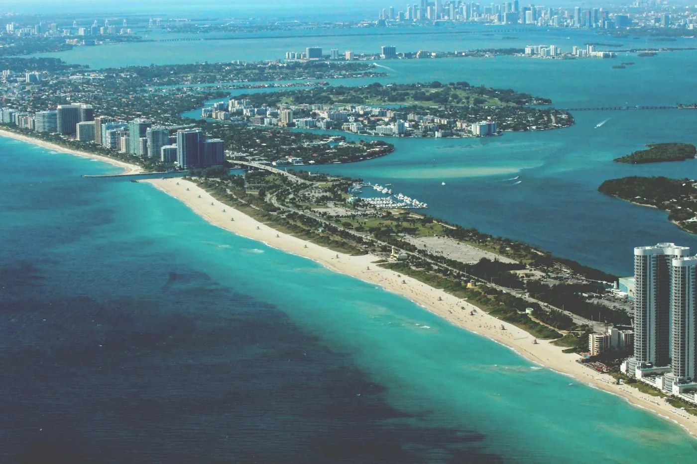 Aerial view of Miami Beach, the shoreline and the city beyond