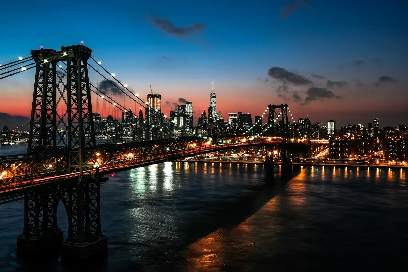 New York bridge and skyline at dusk