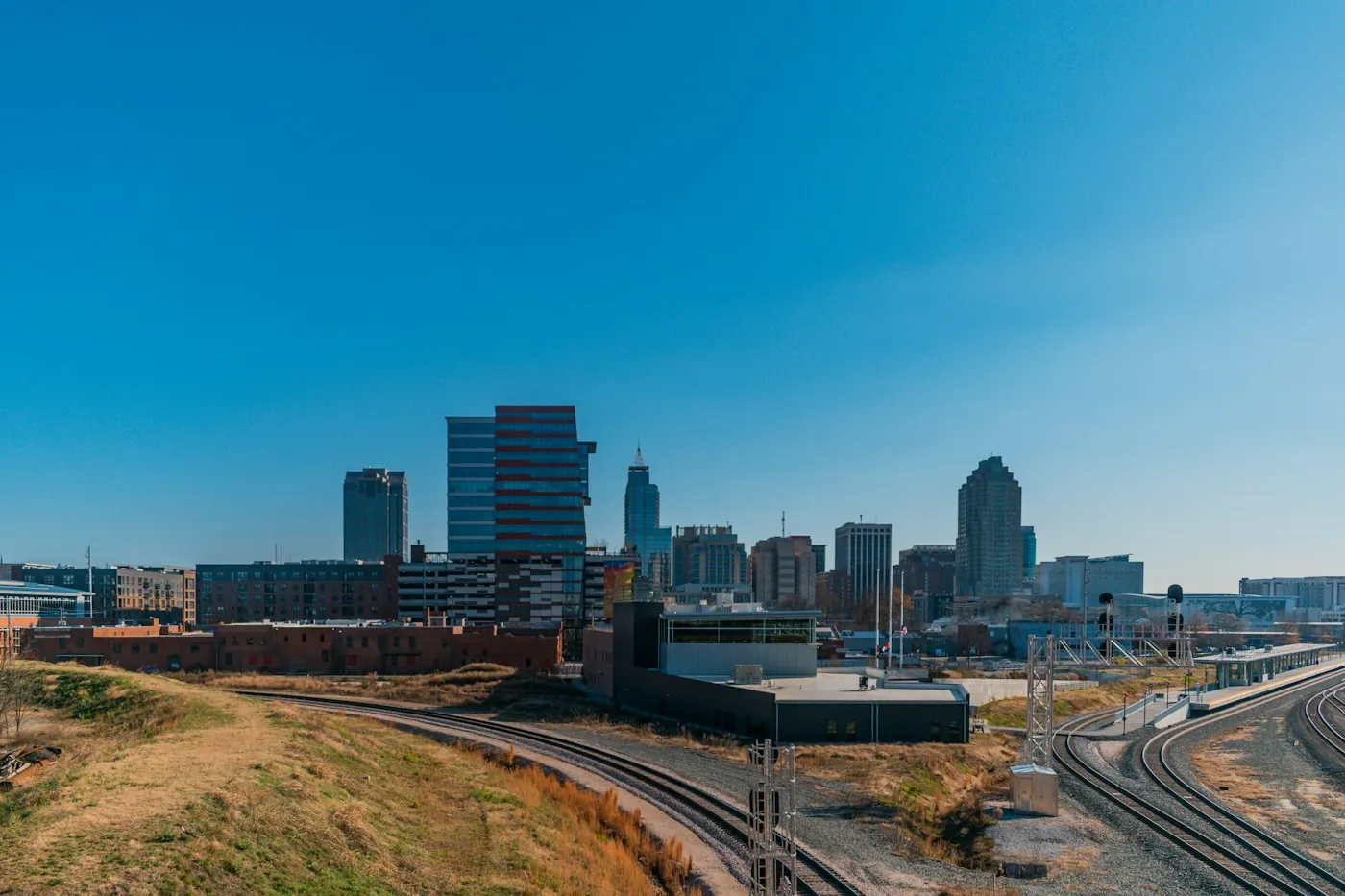 Raleigh skyline over the trees on a clear day