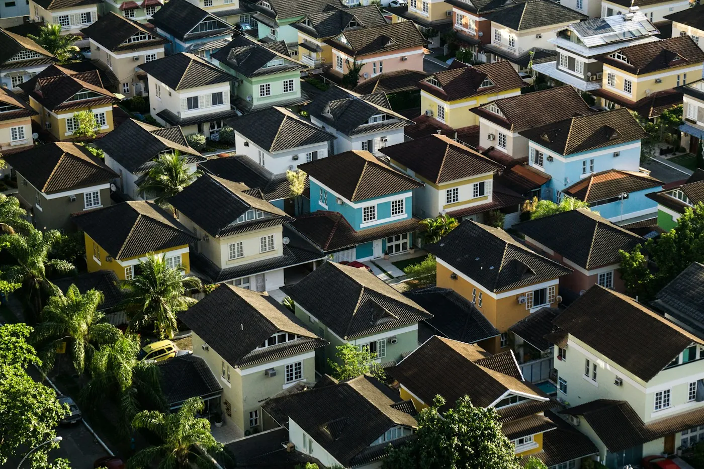 Aerial view of a suburban neighborhood of single-family homes