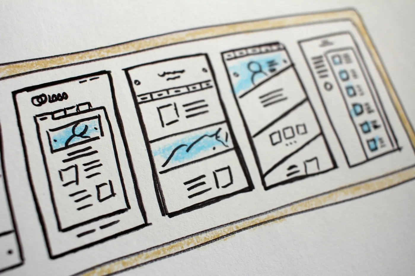 Hand-drawn website wireframes for a landing page layout
